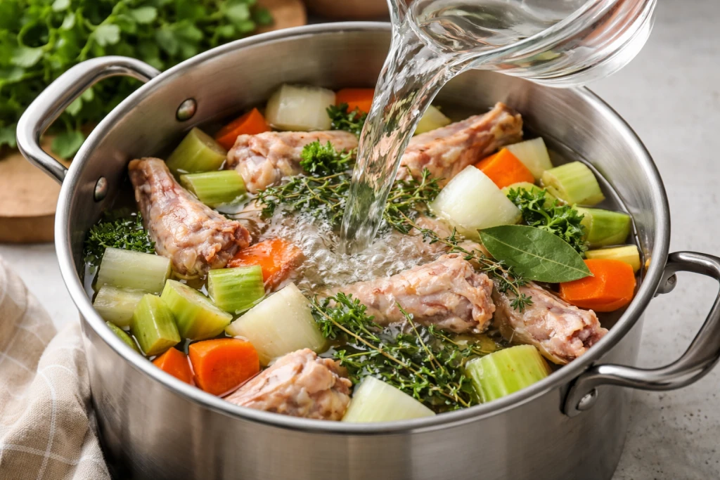 Chicken bones and aromatic vegetables arranged in large stockpot ready for cooking
