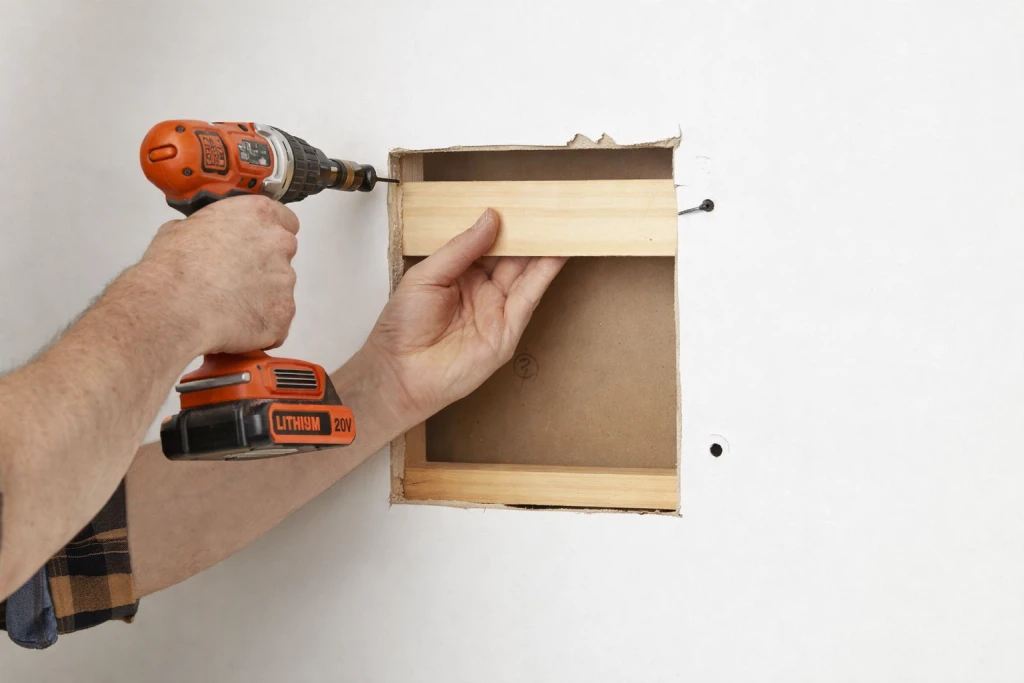Installing wooden backing board behind large drywall hole for patch support