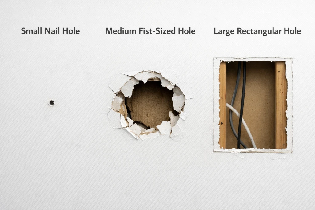 Comparison of small medium and large drywall holes showing different repair methods needed
