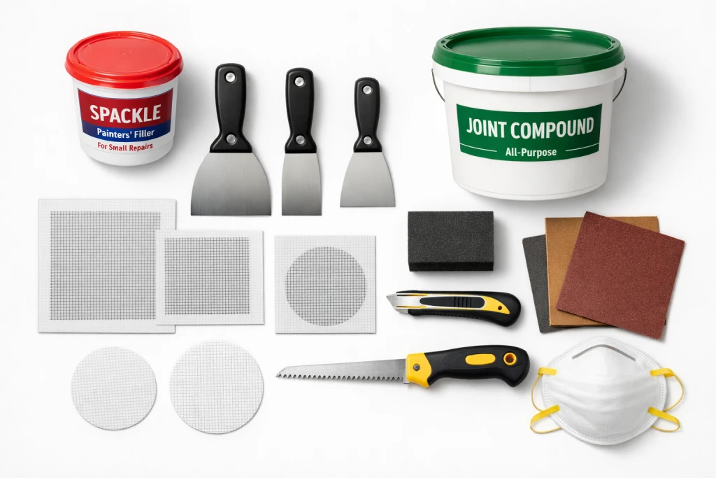 Complete drywall repair supplies including spackle joint compound putty knives sandpaper and mesh patches
