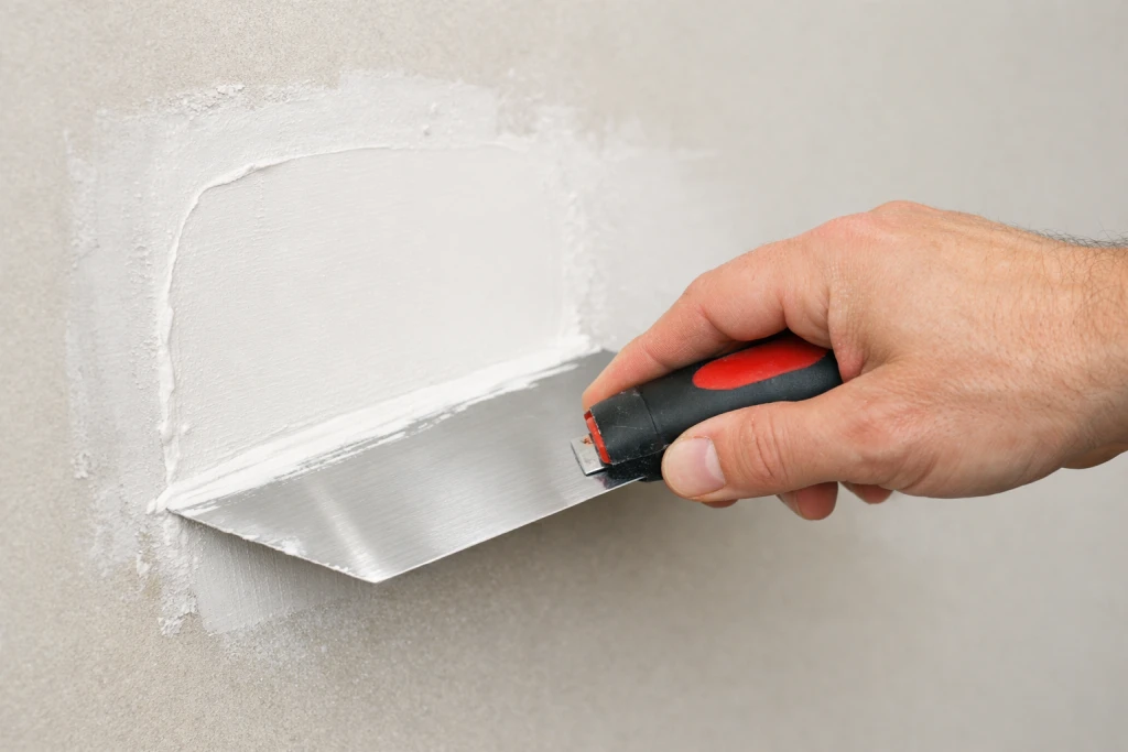 Demonstrating feathering technique with drywall knife to blend patch edges smoothly
