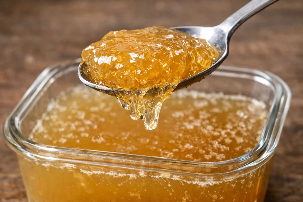 Spoon showing gelatinous wobble of properly made stock indicating good gelatin content
