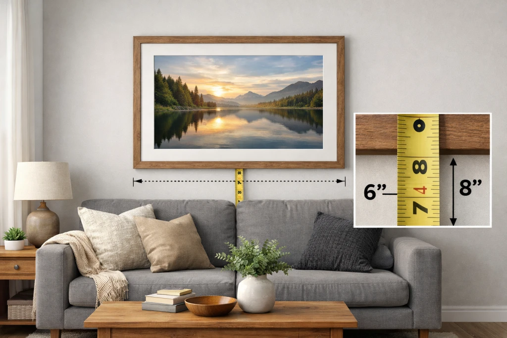 Picture frame hung 6 to 8 inches above sofa back showing proper spacing from furniture
