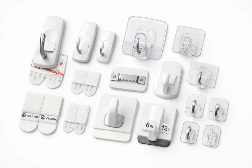 Various adhesive picture hanging hooks showing different weight capacities and styles
