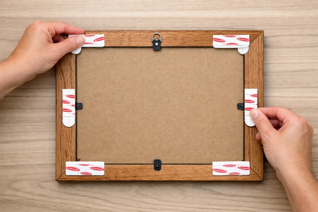 Applying Command strips to back corners of picture frame showing proper placement
