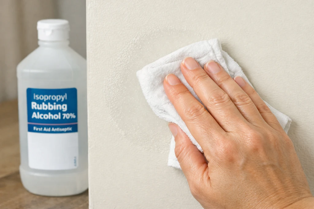 Hand cleaning wall surface with rubbing alcohol on cloth before applying adhesive strips
