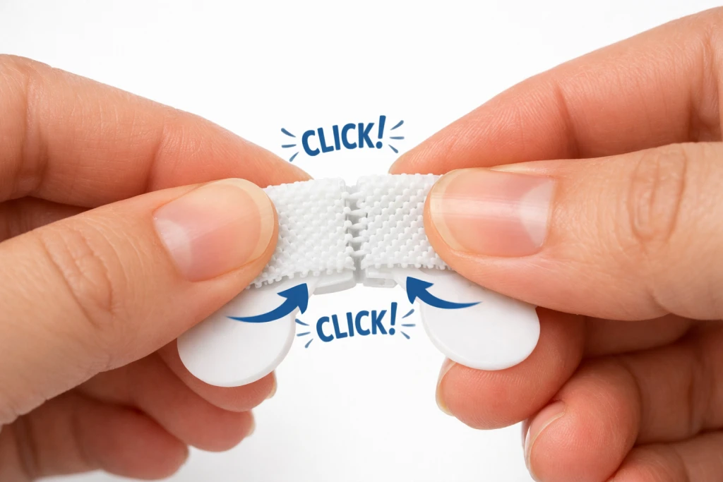 Hands clicking Command strip pairs together showing interlocking velcro-style connection
