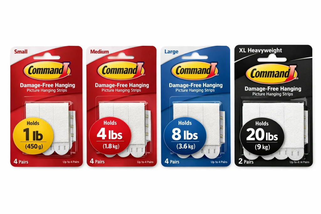 Different types of Command picture hanging strips showing small medium large and heavyweight options
