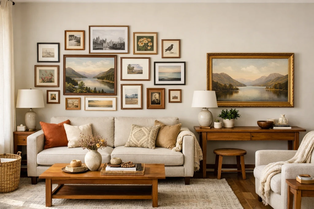 Elegantly decorated living room with multiple pictures hung at perfect heights without wall damage
