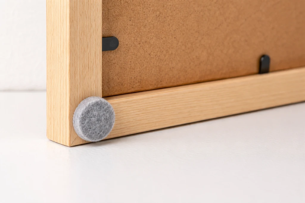 Small adhesive felt bumpers attached to bottom corners of picture frame back to prevent wall scuffs
