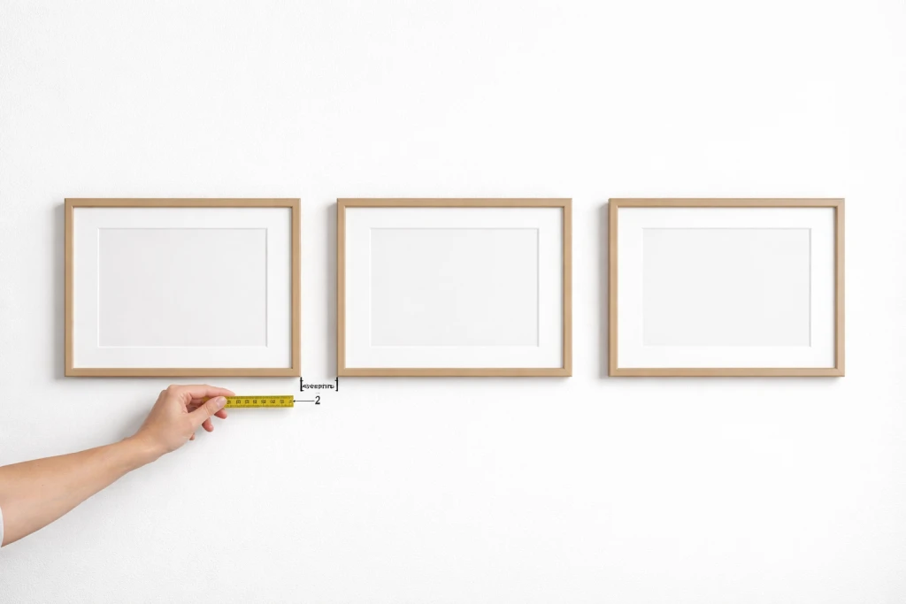 Three picture frames hung with consistent 2 inch spacing between frames showing proper gallery wall gaps
