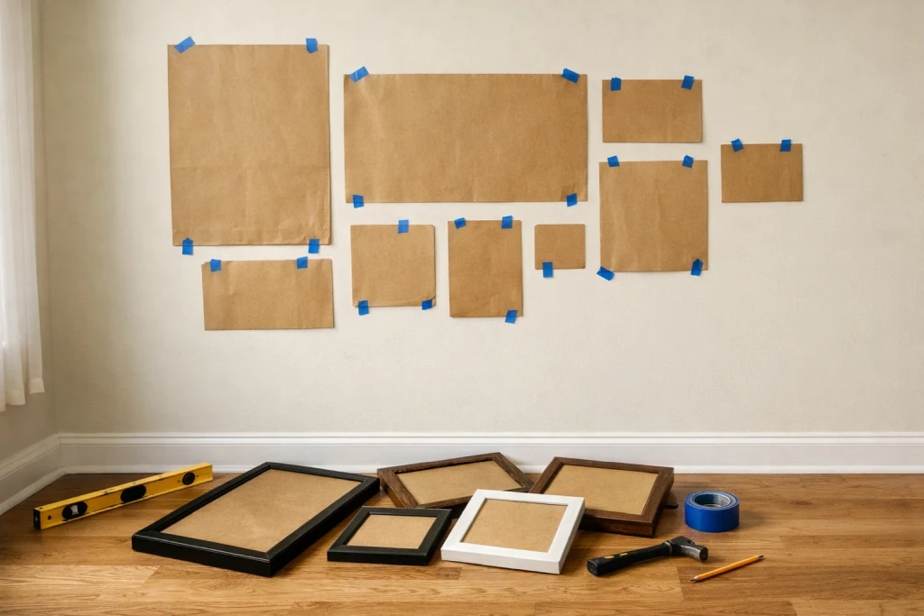 Paper templates taped to wall in gallery arrangement for planning picture placement before hanging
