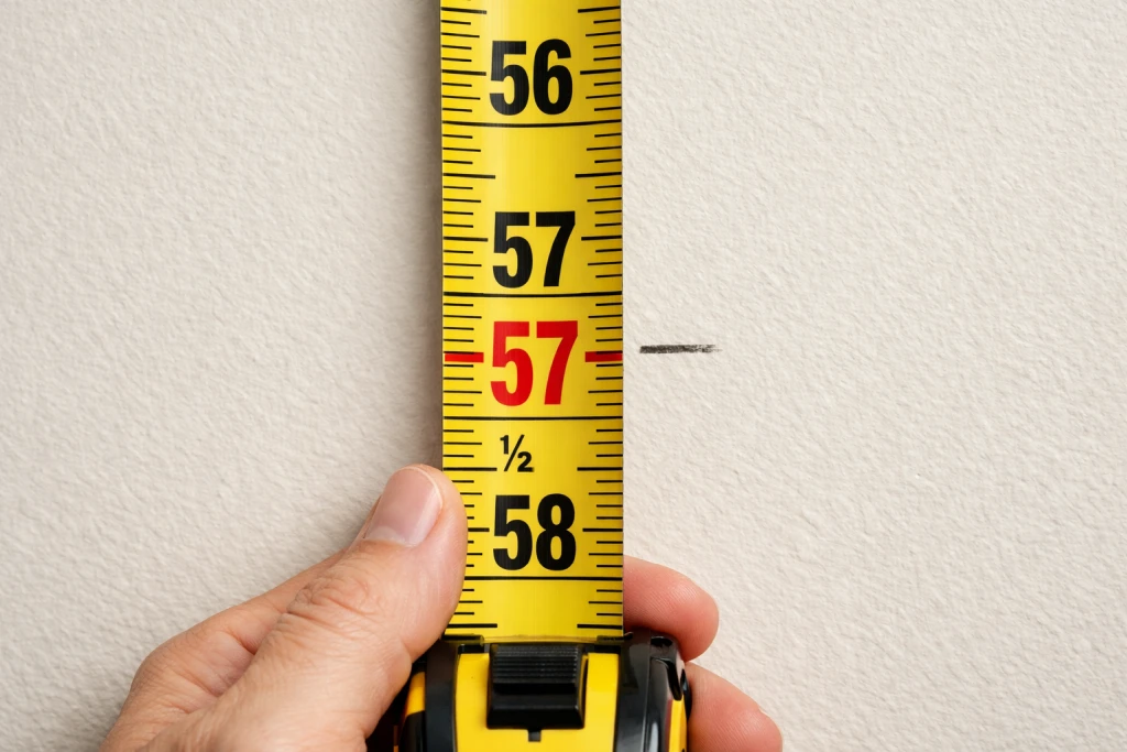 Tape measure showing 57 inches from floor marking ideal picture centre height on wall