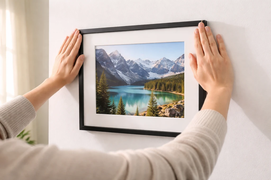 Hands pressing picture frame firmly against wall to secure adhesive strips