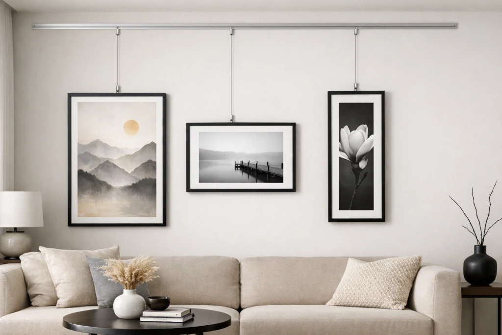 Modern picture rail hanging system installed near ceiling with multiple frames suspended on cables
