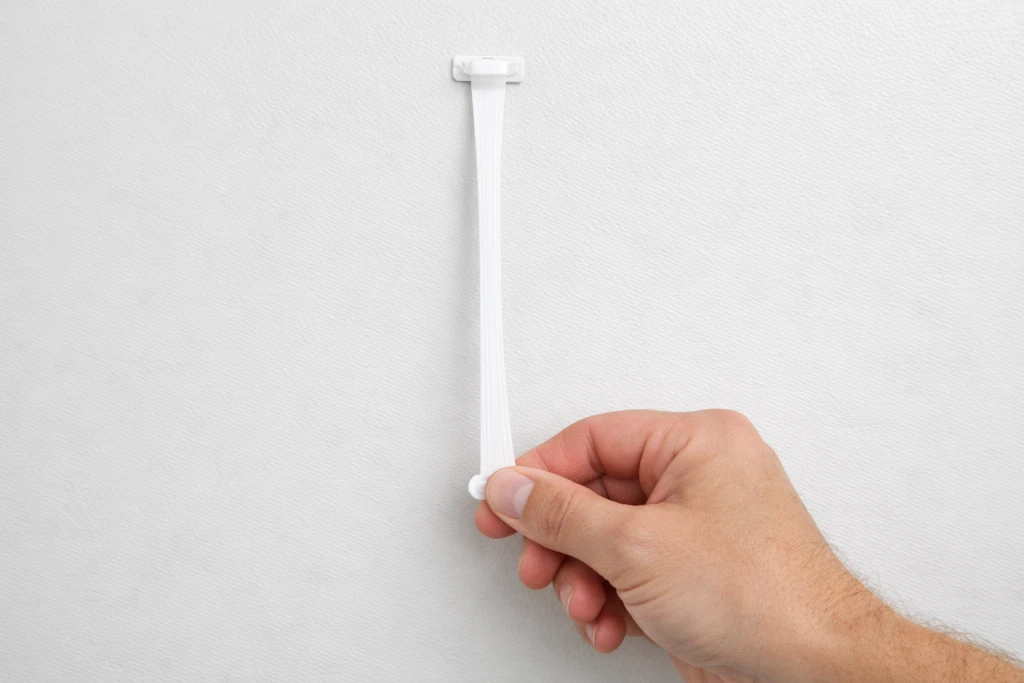 Hand stretching Command strip slowly downward along wall to remove without damage
