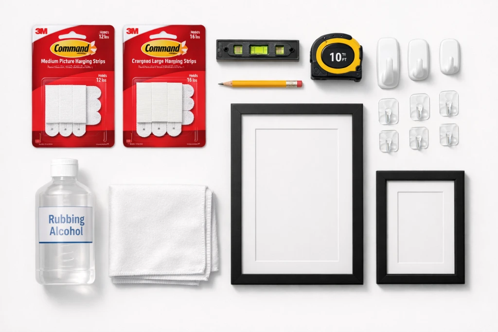 Complete picture hanging supplies laid out including Command strips adhesive hooks level tape measure and frames How to hang pictures without damaging walls