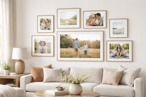 Beautiful gallery wall with multiple picture frames hung without damaging walls using damage-free methods