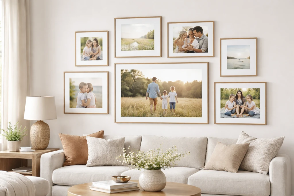 Beautiful gallery wall with multiple picture frames hung without damaging walls using damage-free methods