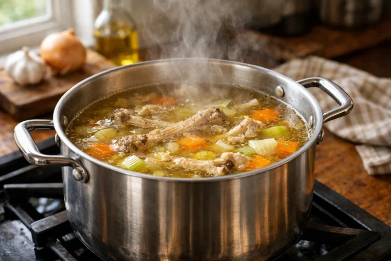 Golden homemade stock gently simmering in large pot with steam rising and vegetables visible