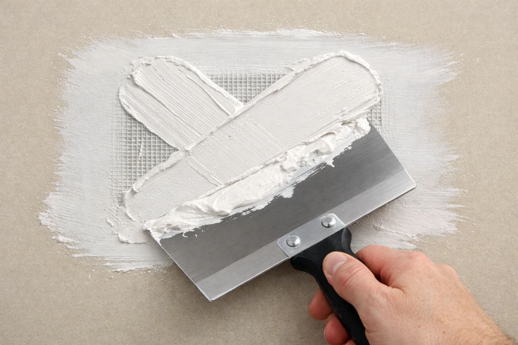 Spreading joint compound over mesh patch with drywall knife in crisscross pattern
