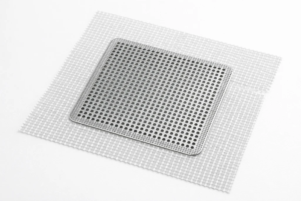 Self-adhesive mesh drywall patch kit showing metal backing and fiberglass mesh
