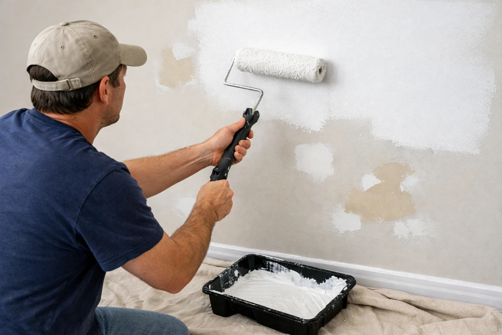 Roller applying white primer to wall showing coverage over repairs
