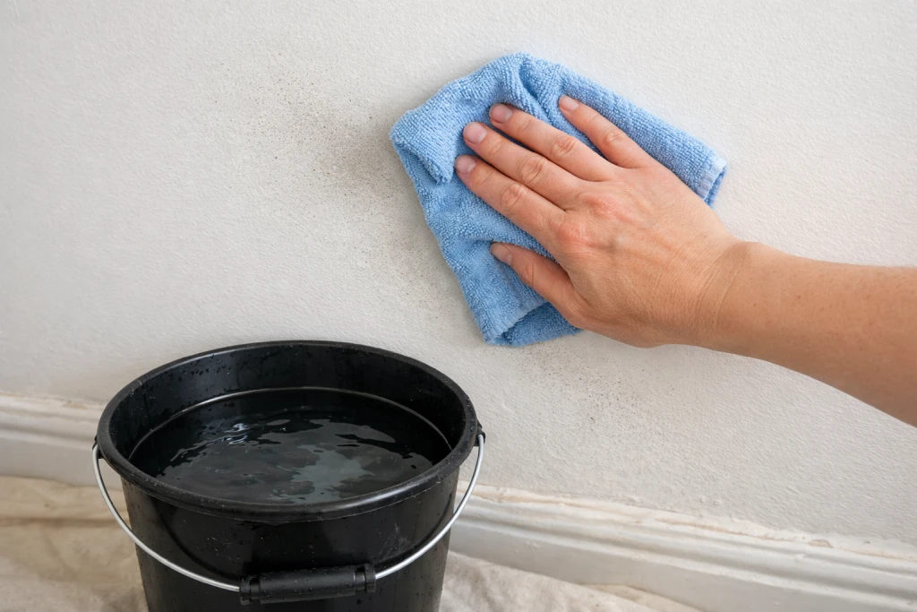 Wiping wall with damp cloth to remove dust before painting
