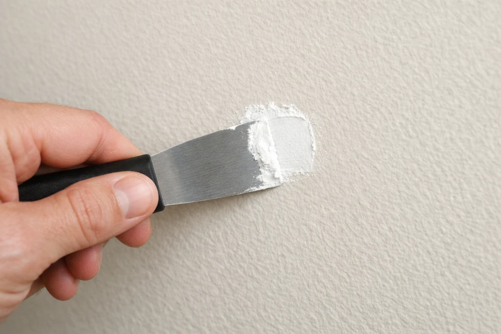 Applying spackling compound to fill nail hole in wall before painting
