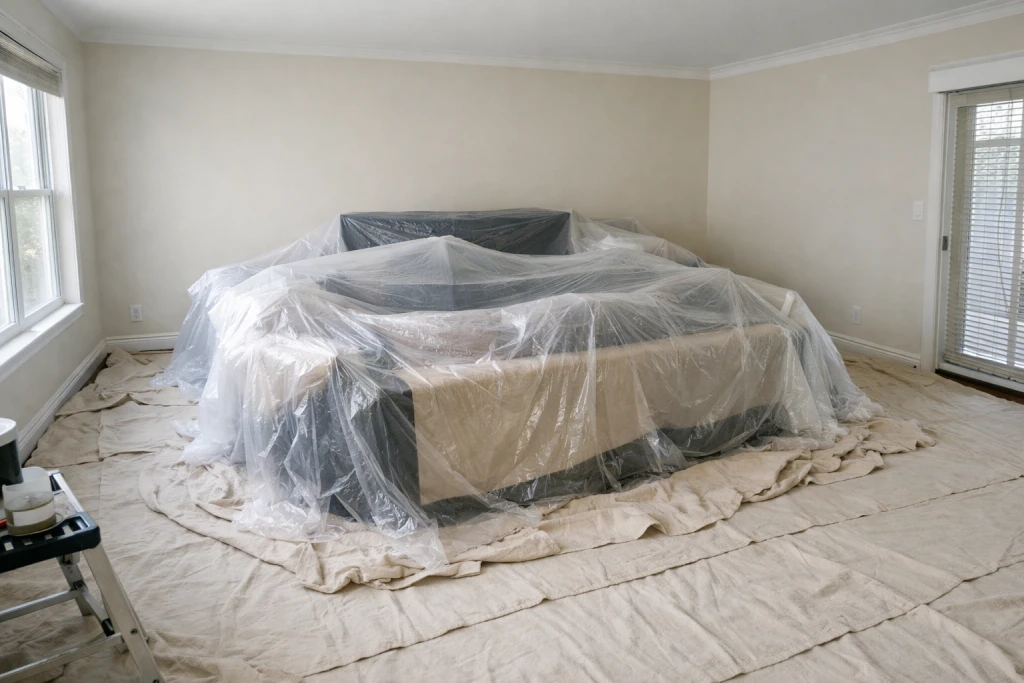 Living room prepared for painting with furniture pushed to centre and covered with plastic drop cloths