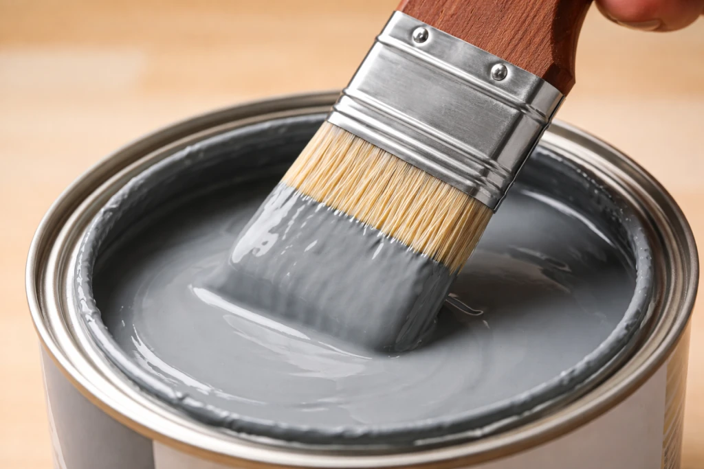 Angled paintbrush being loaded with correct amount of paint showing one-third coverage on bristles
