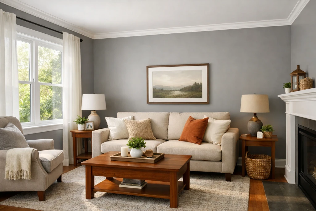 Beautifully painted living room with professional smooth finish and crisp clean edges