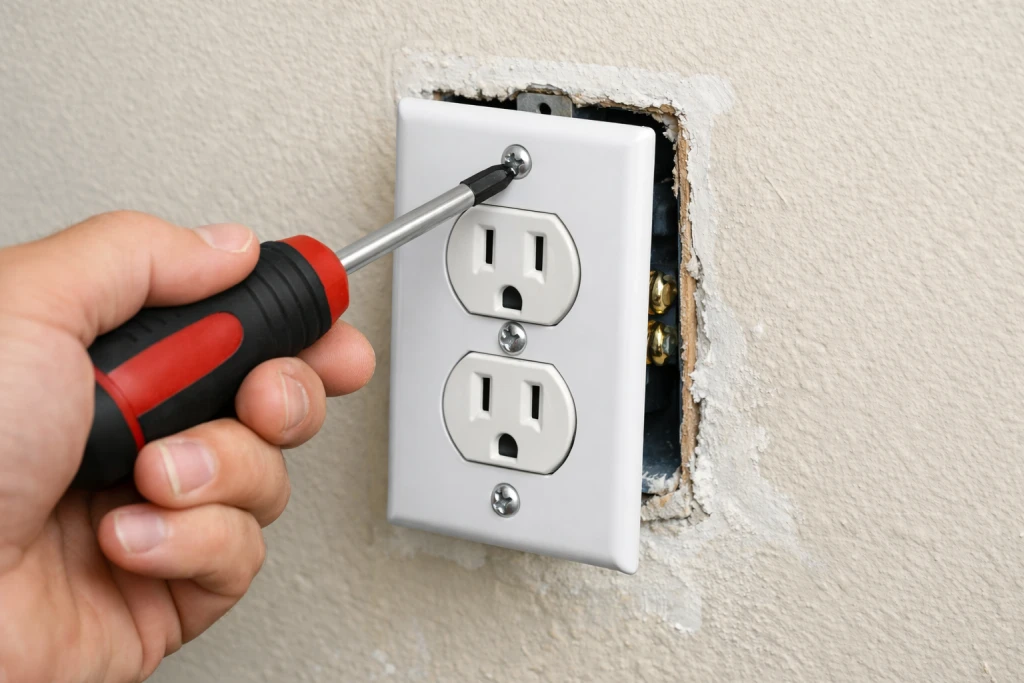 Hand using screwdriver to remove electrical outlet cover plate before painting
