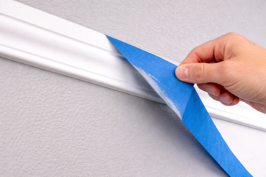 Hand pulling painter tape away at 45-degree angle revealing crisp clean paint line
