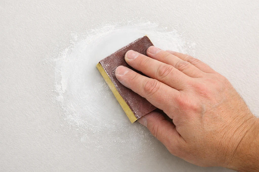Hand sanding dried spackling patch smooth with sandpaper before painting