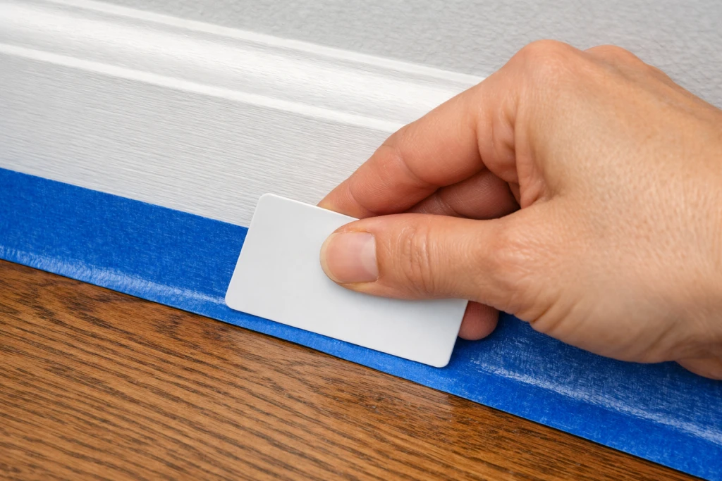 Using credit card to smooth painter tape firmly against wall edge for clean seal
