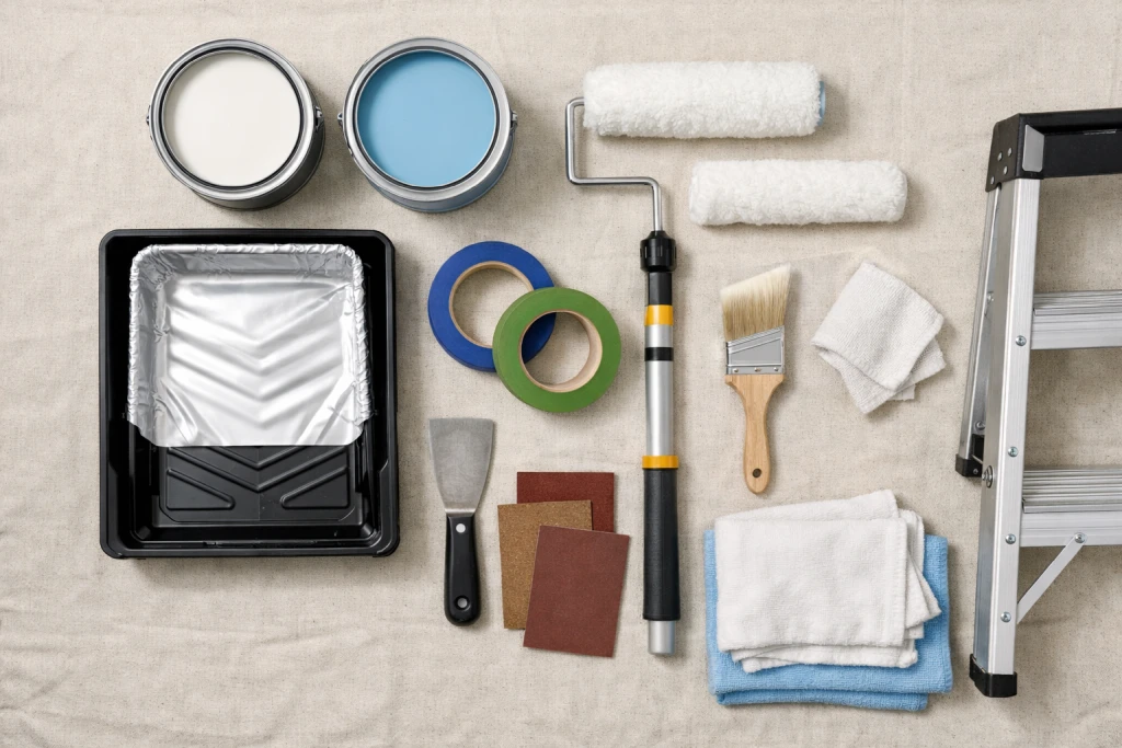 Complete painting supplies laid out including paint cans rollers brushes tape tray and drop cloths
how to paint a room