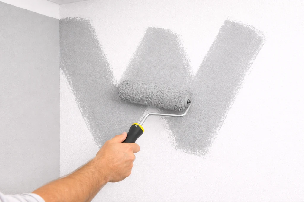 Person demonstrating W-pattern rolling technique on wall for even paint coverage