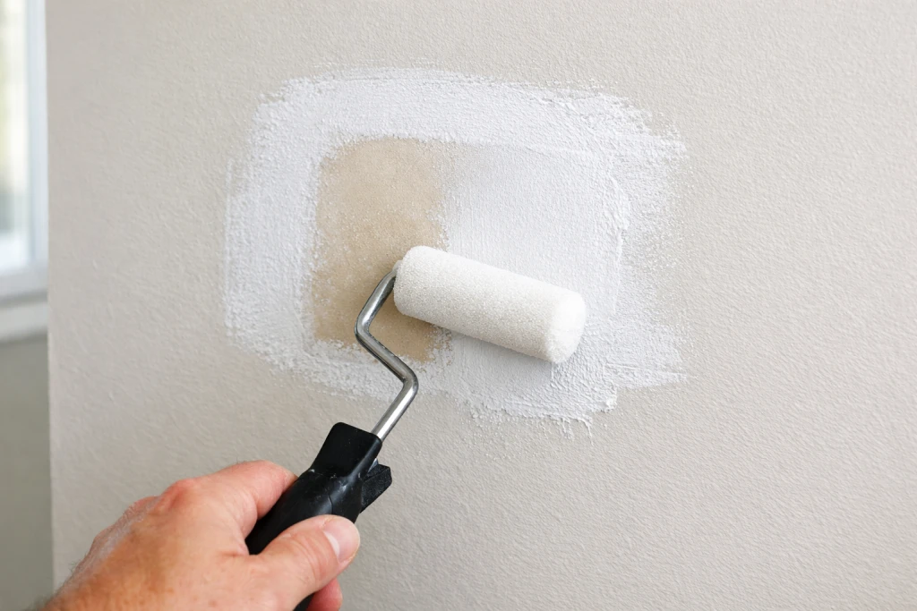 Applying primer to sanded drywall patch before painting
