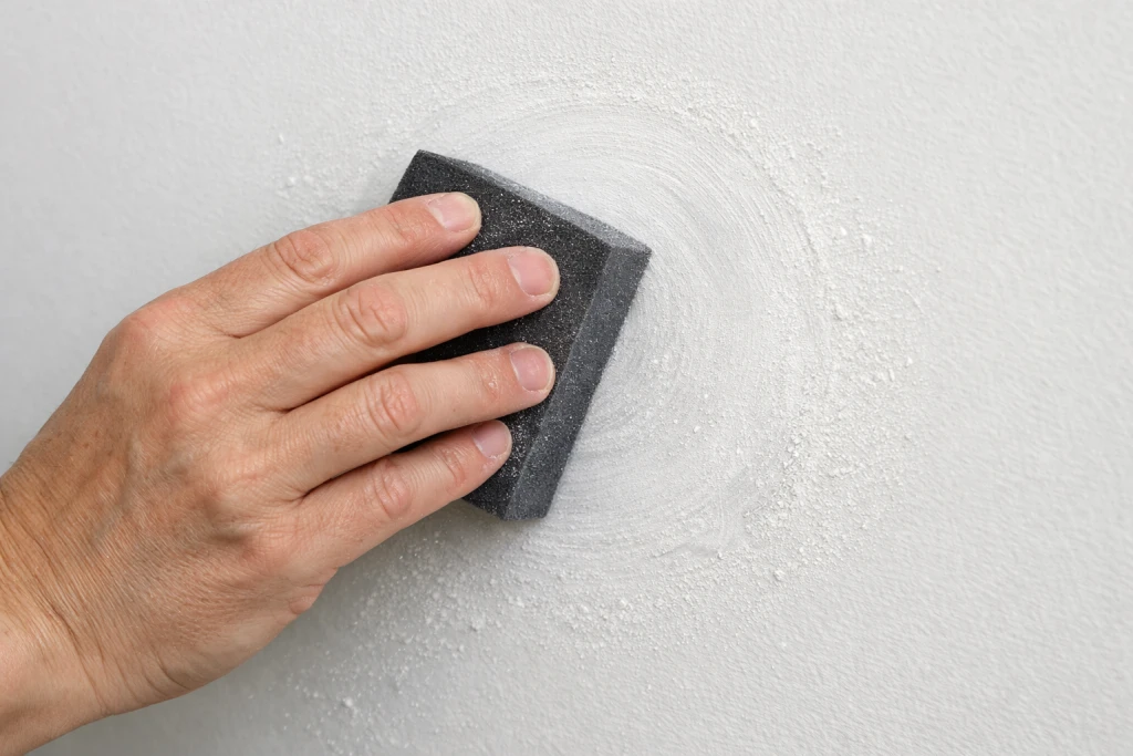 Sanding dried spackle with fine grit sandpaper for smooth drywall finish