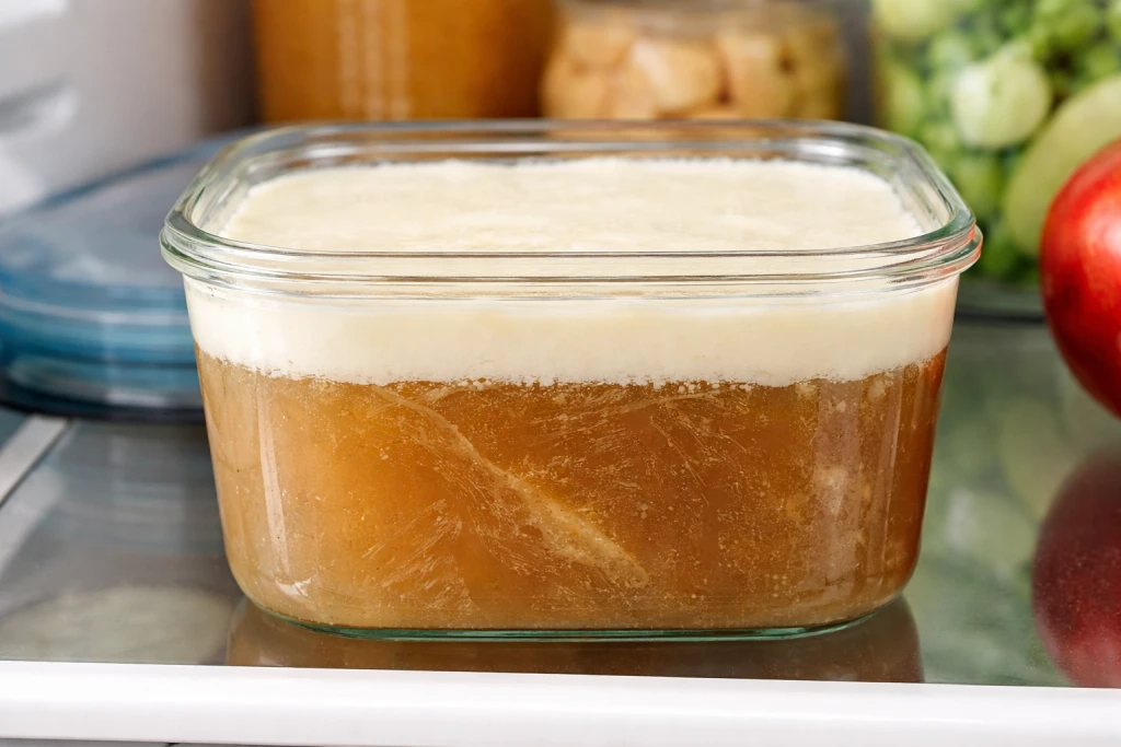 Solidified white fat layer on top of refrigerated stock ready to be removed
