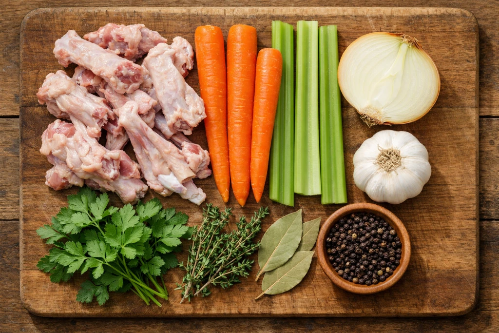 Stock ingredients laid out including bones carrots celery onions herbs and peppercorns
how to make stock