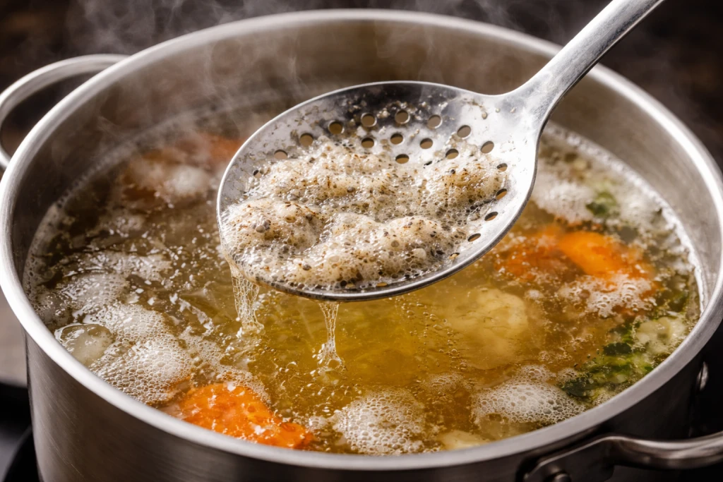 Slotted spoon skimming grey foam and impurities from surface of simmering stock