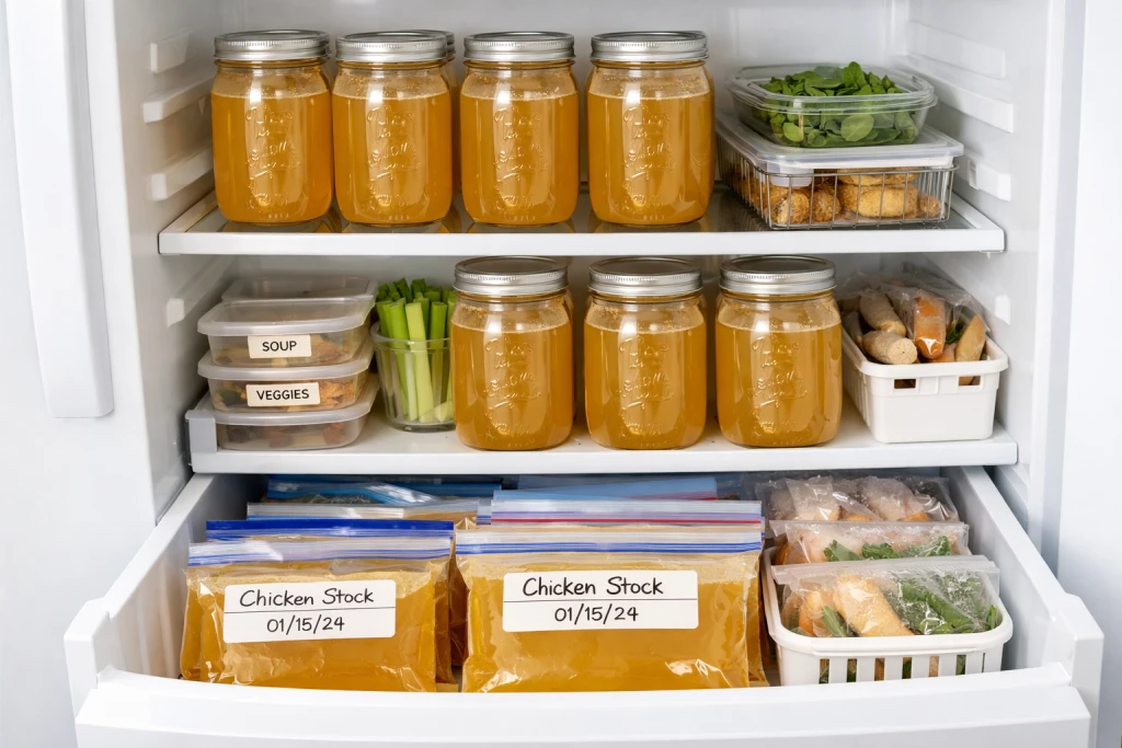Homemade stock stored in glass jars and labelled freezer bags
