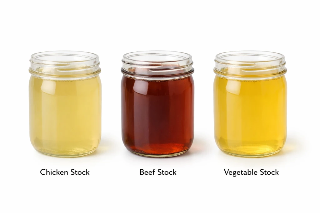 Three glass jars showing colour comparison of chicken beef and vegetable stocks
