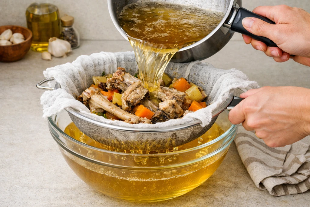 Straining finished stock through fine mesh sieve into clean pot
