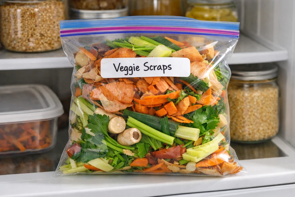 Collection of vegetable scraps and trimmings saved for making stock
