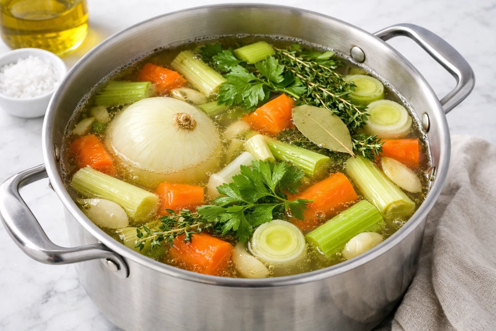 Pot of vegetable stock with whole vegetables and herbs simmering
